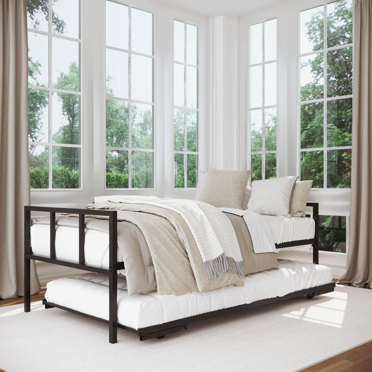 Milliard Twin Daybed and Fold- Up Trundle Set, Daybed with Pop Up Trundle, Black Frame - Mattresses Sold Separately Milliard
