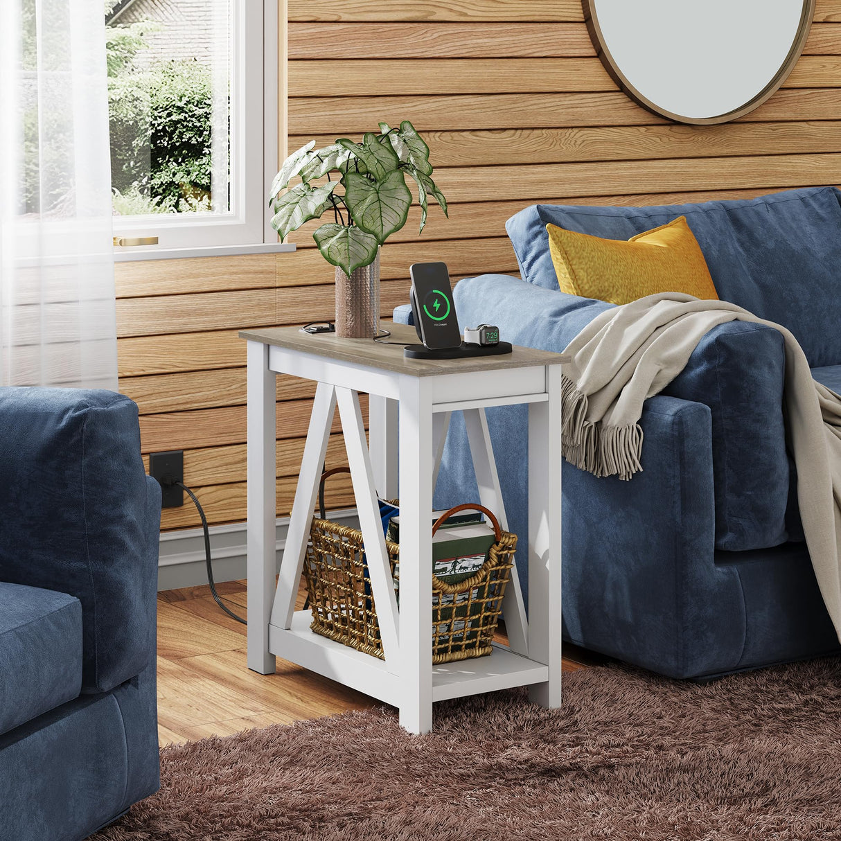 WLIVE Farmhouse End Table, Narrow Side Table with Charging Station, Slim End Table, Side Table for Bedroom, Living Room, Small Spaces, with 2 USB and 2 Power Outlets, 11.8" D x 23.6" W x 23.74" H WLIVE