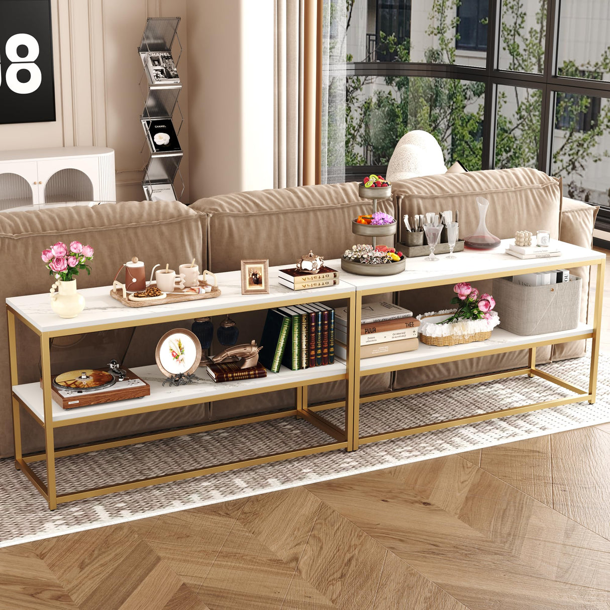 Function Home TV Stand for TVs up to 50 Inch, 3 Tier Entertainment Center, Modern TV Cabinet with Marble Top and Gold Metal Base, 42" Media Console Table with Storage for Living Room Bedroom Function Home