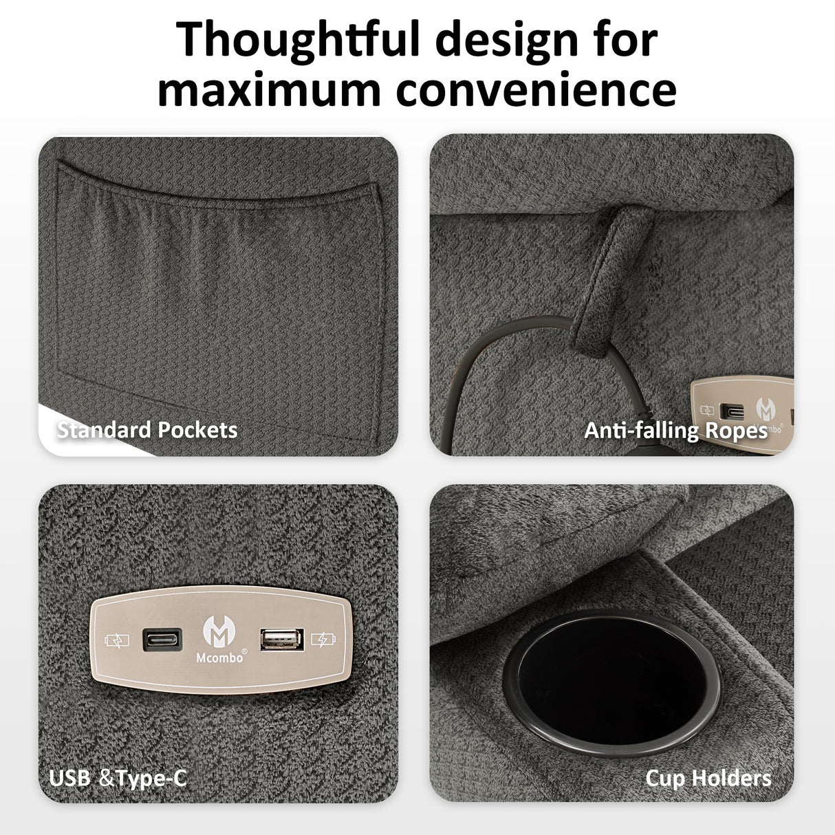 MCombo Large Triple Motor Power Lift Recliner Chair with Massage and Heat for Elderly People, Adjustable Headrest, Infinite Position, USB Ports, Fabric 7662 (Grey, Large) MCombo