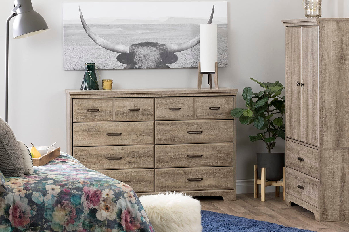 South Shore Versa Collection 8-Drawer Double Dresser, Weathered Oak with Antique Handles South Shore
