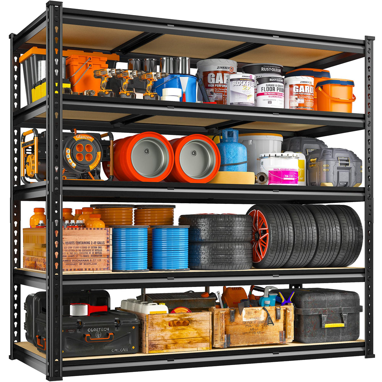 REIBII 48" W Garage Shelving, 3000LBS Storage Shelves Heavy Duty Shelving, 72" H Adjustable Metal Shelves for 5 Tier Garage Shelves Storage Rack Sturdy Industrial Shelving Unit, 72" H x 48" W x 18" D REIBII