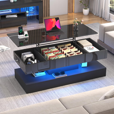 47.2" Large Lift Top Coffee Table,Modern High Glossy LED Coffee Tables for Living Room with Storage,Black Living Room Tables for Living Room,Dining Room,Bedroom Home Office,APP LED Lights（Black） chartustriable