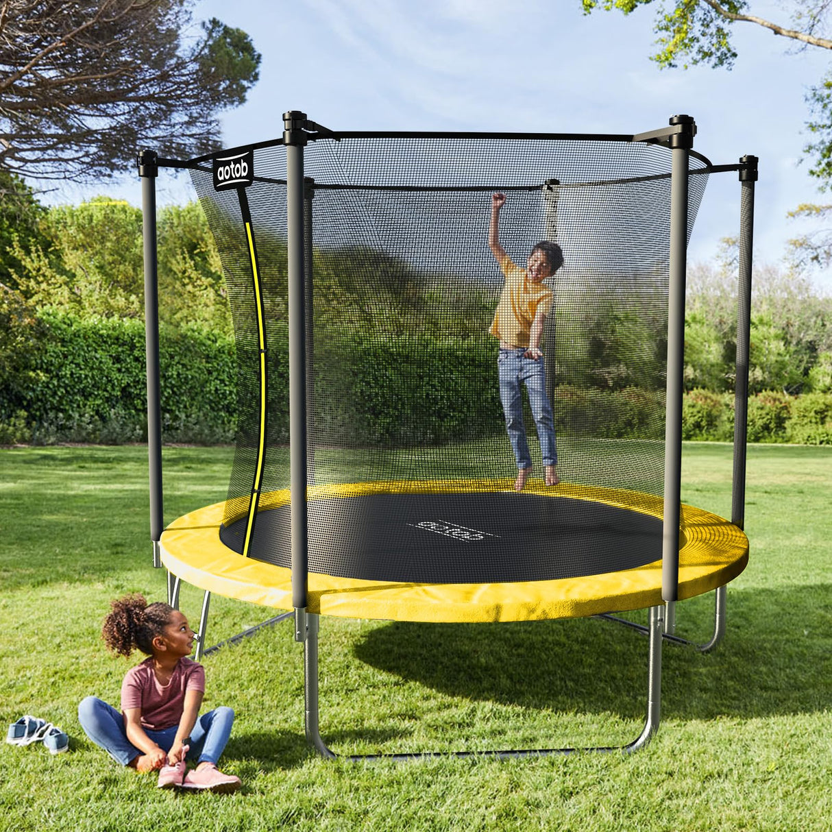 AOTOB 12 FT Trampoline for Kids with Enclosure Net, Recreational Outdoor Trampolines, ASTM Approved (Yellow) AOTOB