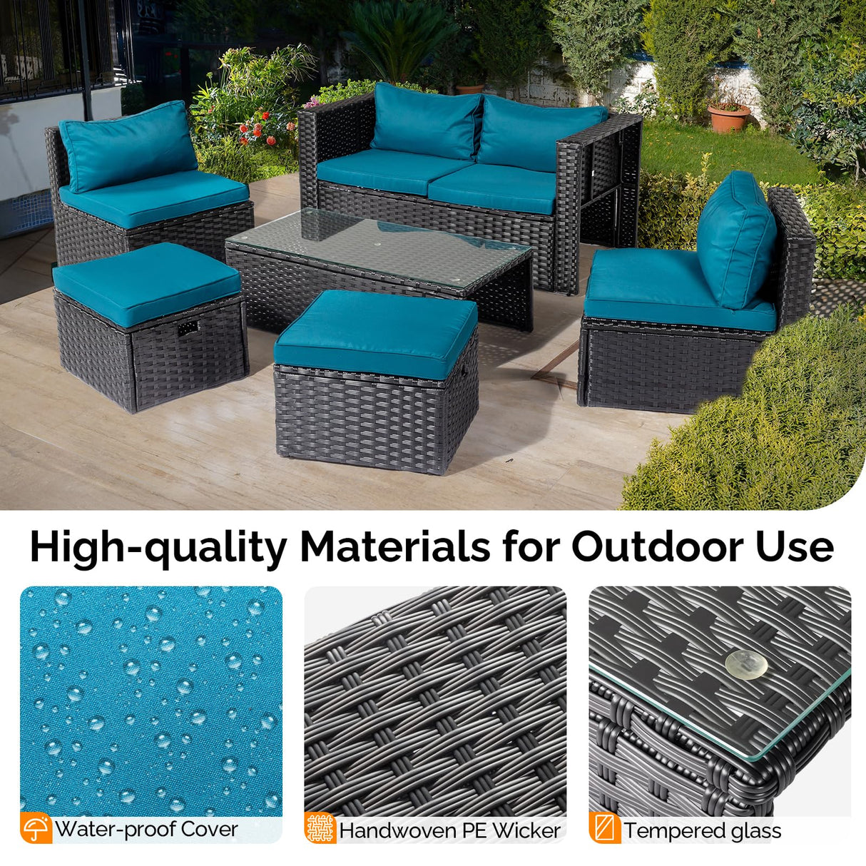 VINGLI 6 Pieces Wicker Patio Furniture Set, Outdoor Sectional Furniture Patio Conversation Set Space-Saving Design with Ottomans and Coffee Table for Garden,Poolside, Backyard (Black) VINGLI