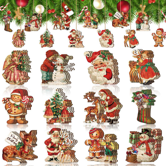 Huwena 36 Pcs Vintage Christmas Ornaments Wooden Christmas Tree Ornaments Snowman Snowflake Santa Wood Cutouts Rustic Farmhouse Christmas Tree Decorations for Home Xmas Winter Party(Retro)