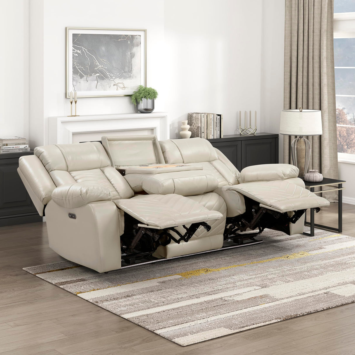 Lexicon Wall Hugger Power Double Reclining Sofa with Center Drop-Down Table, Faux Leather Home Theater Seating with LED Lighting/USB Charging Ports/Wireless Charger/Cup Holders, Magazine Pocket, Beige Lexicon