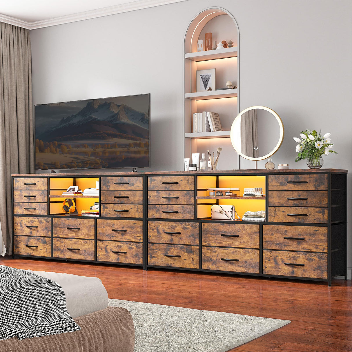 EnHomee Dresser TV Stand for 60''TV Stand for Living Room with Power Outlet & LED Lights Entertainment Center with 12 Fabric Drawer Long Dresser TV Stand for Bedroom Dresser, 49.2"W x 35.4"H x 11.8"D EnHomee