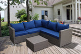 Home Life Navy Blue Large Outdoor Patio 4 Piece Modern Brown Rattan Wicker Sectional Sofa Cushions-with Coffee Table/Ottoman HomeLife