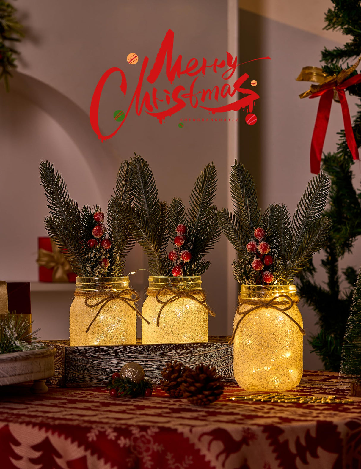 KIVIVO Christmas Centerpieces for Tables, Table Decor with Mason Jar, Flowers Picks, Farmhouse Wood Tray, 23 Pcs Christmas Winter Table Decorations Centerpieces, Xmas Holiday, Kitchen, Dining Decor KIVIVO