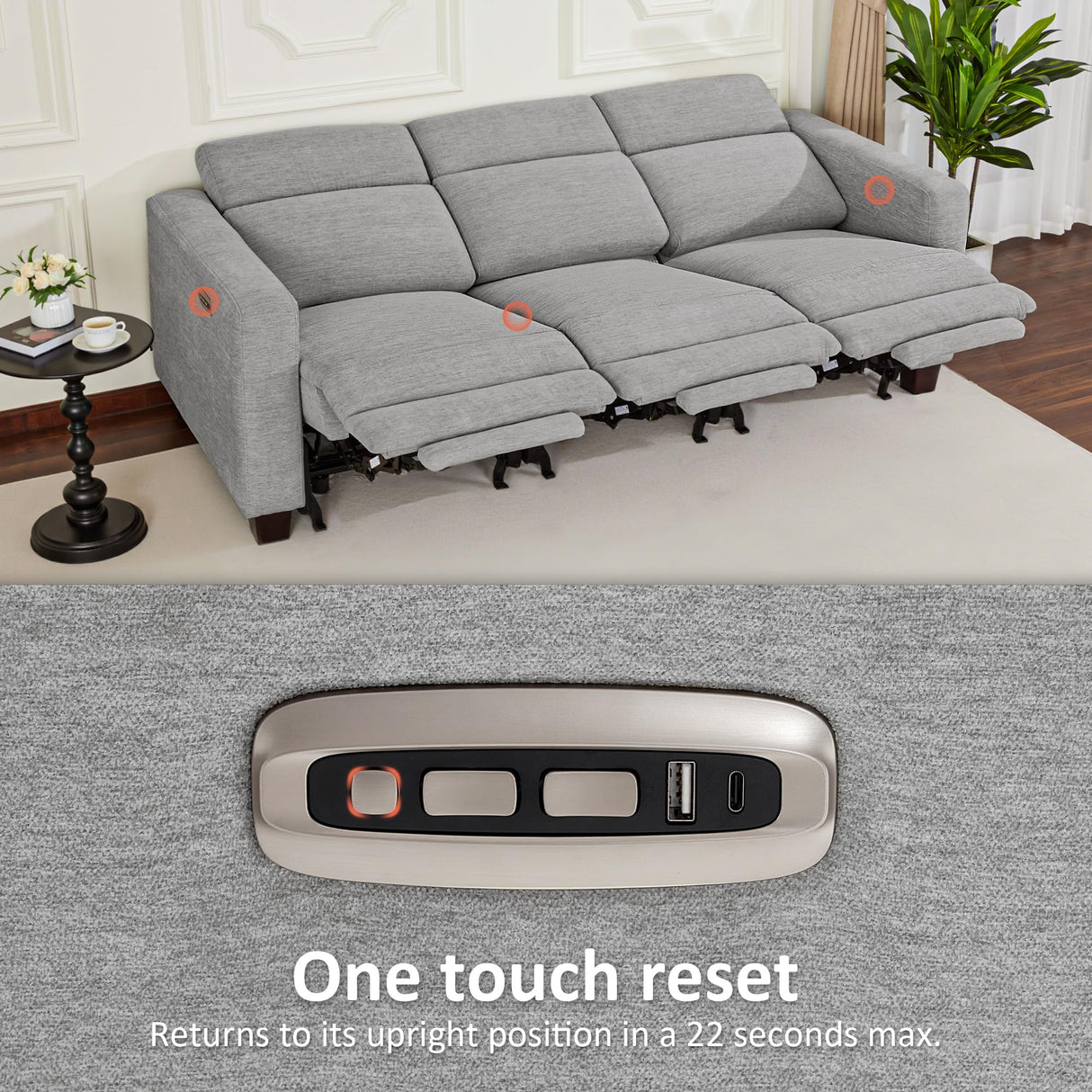 MCombo Zero Wall Recliner Sofa, Power Reclining Sofa, Wall Hugger Power Recliner Sofa with Adjustable Headrest, USB & Type C Ports, for Living Room, Fabric, HL198M3 (Grey, 3-Seater) MCombo