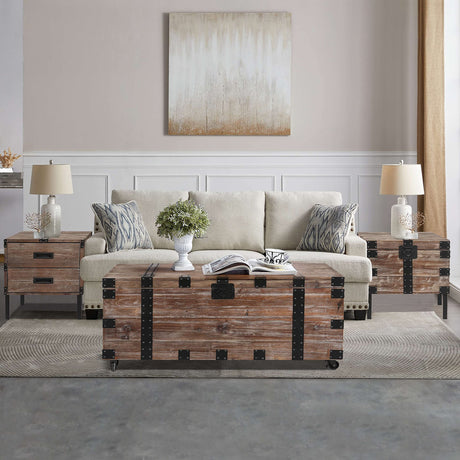 Rpuzonier Coffee Table Set, Vintage Wood Storage Trunk Coffee Table with Two End Side Table, Wood Center Table Rustic Cocktail Table with Two End Table for Living Room (Coffee Table with 2 End Table) Rpuzonier