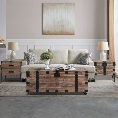 Rpuzonier Coffee Table Set, Vintage Wood Storage Trunk Coffee Table with Two End Side Table, Wood Center Table Rustic Cocktail Table with Two End Table for Living Room (Coffee Table with 2 End Table)