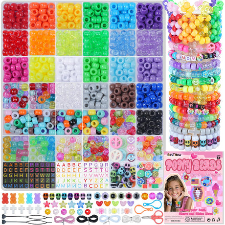 BestNow Kandi Beads Bracelet Making Kit Beads for Pony Beads Polymer Clay Beads 2 Types of Letter Beads 13 Types of Charm Beads for Jewelry Making DIY Arts and Crafts Gifts Toys for Girls Age 6-12 BestNow