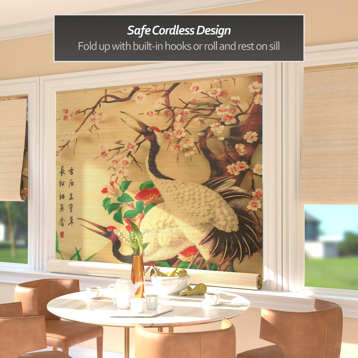 Red Lantern Bamboo Window Shade Blind - Red-Crowned Cranes 72" Wide Red Lantern