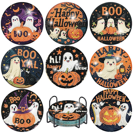 8 Pcs Diamond Paintings Coasters Kits with Holder, DIY Halloween Coaster Diamond Art Kits,Full Drill Rhinestone Painting Kits for Adults, DIY Drink Coasters Art Crafts Supplies for Home Decor House mjcakrn