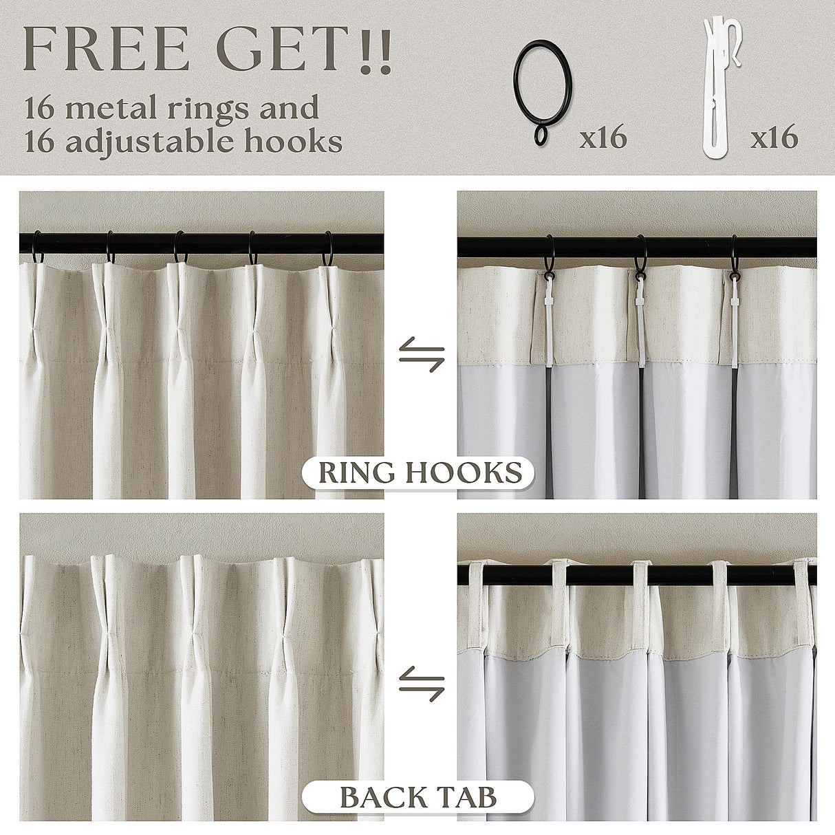 102 Inches Long Pinch Pleated Linen Blackout Curtains for Bedroom Back Tab Track Memory Trained Shape Farmhouse Light Blocking Curtains 102 Inch Length for Living Dining Room Darkening Drapes Cream TWODRAPES