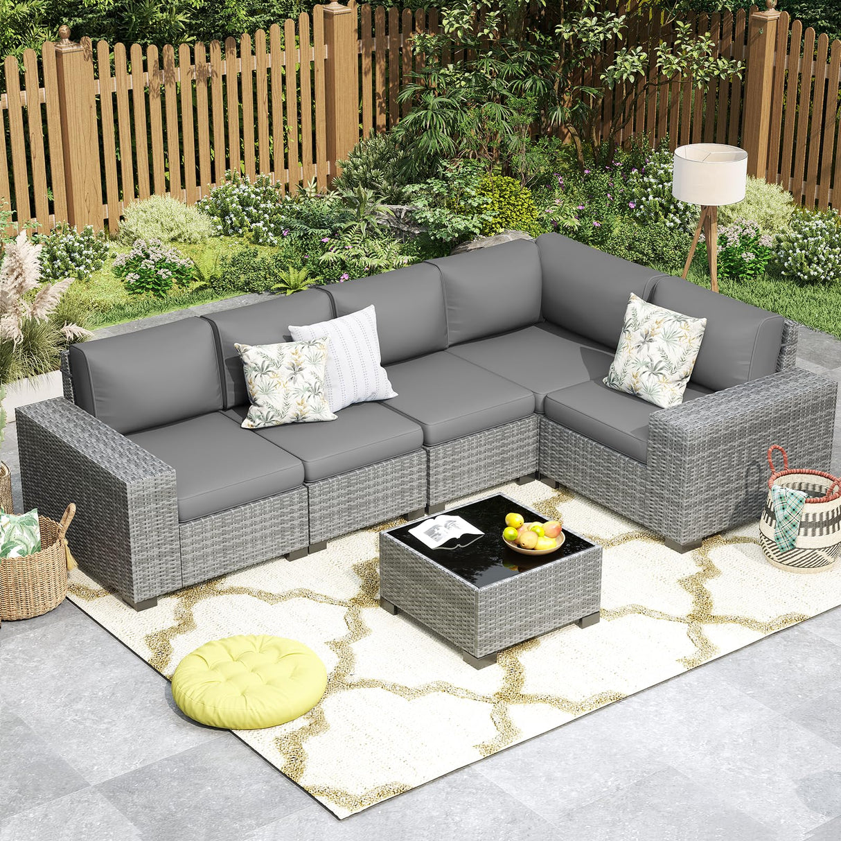 Poteban 6 Pieces Patio Furniture Set, Wide Arm Outdoor Patio Sectional Couch Set, All Weather Wicker Rattan Conversation Set w/Cushions and Glass Table and Waterproof Cover, Grey & Grey Poteban