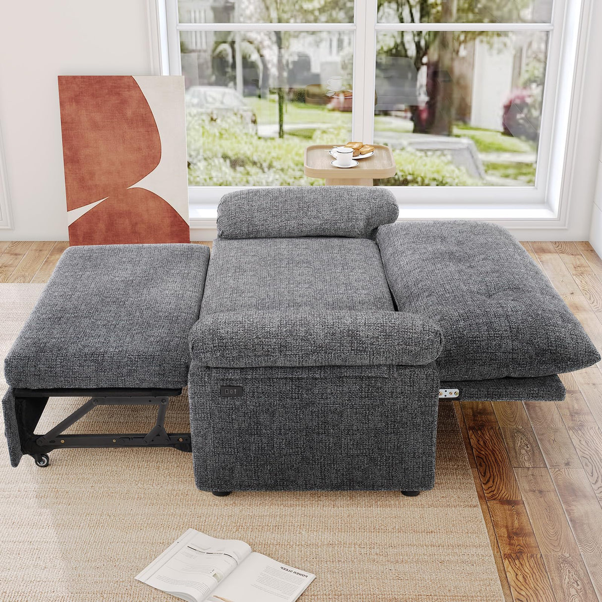 Vipbear 3 in 1 Sleeper Sofa Bed, Pull Out Couch with Reclining Backrest, Convertible Loveseat with USB Ports, Tool-Free Assembly, Modern Chenille Loveseat for Living Room, Apartment, Dark Grey Vipbear