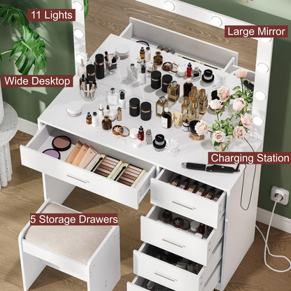 Keehusux Vanity Table with Large Mirror and 3 Color Adjustable Lights, Bedroom Makeup Vanity with Charging Station, Makeup Dressing Table with 5 Drawers for Women Girls, White KES002WSZT - WoodArtSupply