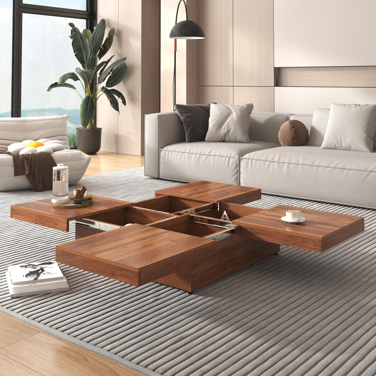 Merax 39.4'' Square Coffee Table, Sliding Top with Ample Storage, Walnut Grain Veneer Finish Modern Center Tables for Living Room Apartment, Walnut Merax