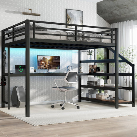 Metal Full Size Loft Bed with Desk and Storage Stairs,Heavy Duty Loft Bed Frame Full Size with LED Lights and Charging Station for Kids,Teens,Adults,Black Bellemave
