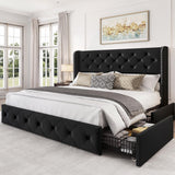 LARMACE Queen Size Bed Frame with 4 Storage Drawers and Wingback Headboard Upholstered Platform Beds Velvet Tufted Bed Frame with Wooden Slats Support, Easy Assembly, Black LARMACE