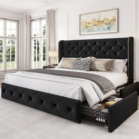 LARMACE Queen Size Bed Frame with 4 Storage Drawers and Wingback Headboard Upholstered Platform Beds Velvet Tufted Bed Frame with Wooden Slats Support, Easy Assembly, Black LARMACE