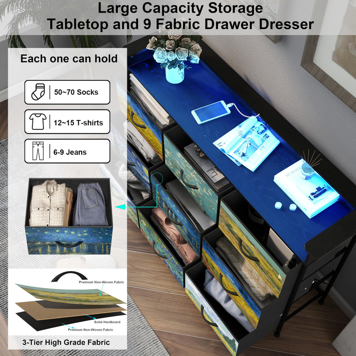 Welfuturer Dresser for Bedroom with 9 Drawers Van Gogh Dressers & Chest of Drawers Fabric Clothes Drawer Fabric Closet Organizer for Living Room Entryway Closet Nursery Sturdy Steel Frame Wood Top Welfuturer