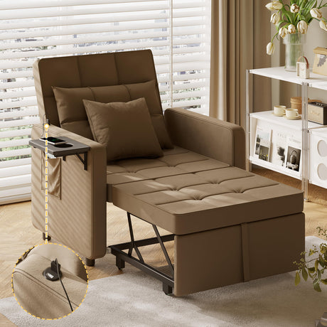 Vabches Sofa Bed Chair with Wing Table and USB Ports Outlet, 3-in-1 Sofa Chair Bed Couches with Two Pillows, Velvet Sleeper Chair with Adjustable Backrest, Easy Assembly, Brown Vabches