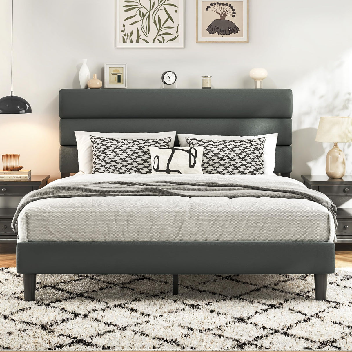 Fluest Queen Bed Frame, Platform Bed Frame with Velvet Upholstered Headboard, No Box Spring Needed, Sturdy Metal Support, Noise Free, Easy Assembly, Modern Bedroom Furniture, Grey Fluest