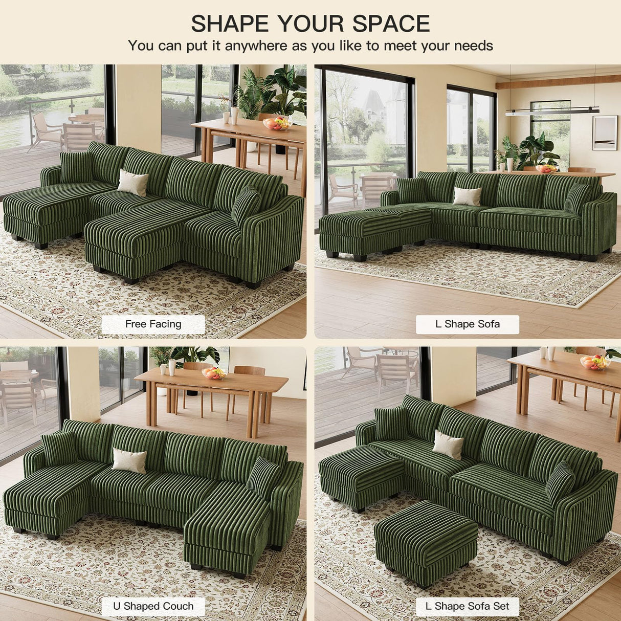 Belffin U Shaped Couch with Reversible Chaises Sectional Couches for Living Room Sectional Couch with Ottomans Corduroy (Green, U Shaped) Belffin