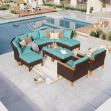 GREEN PARTY 11 Pieces Wicker Patio Furniture Set, All-Weather Outdoor Rattan Half-Moon Curved Patio Sectional Sofa Conversation Set 11 Seats with 4" Thick Cushions for Backyard, 2 x Ottomans (Blue) GREEN PARTY