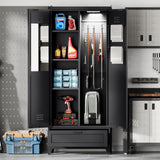 YITAHOME 71" Metal Garage Broom Cabinets with Adjustable Shelves, Vacuum Storage Cabinet with Doors and Drawer, Tool Storage Cabinet for Gym, Basement, Warehouse, Living Room, Black YITAHOME