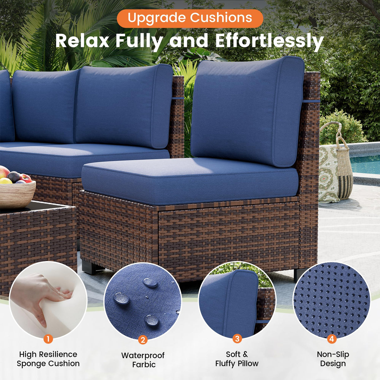 UDPATIO Patio Furniture Set with Fire Pit Table, 8 Inch Armrest Outdoor Sectional Sofa, 9 Piece Wicker Outdoor Furniture Conversation Sets with Waterproof Cover for Backyard Deck(Brown/Navy Blue) UDPATIO