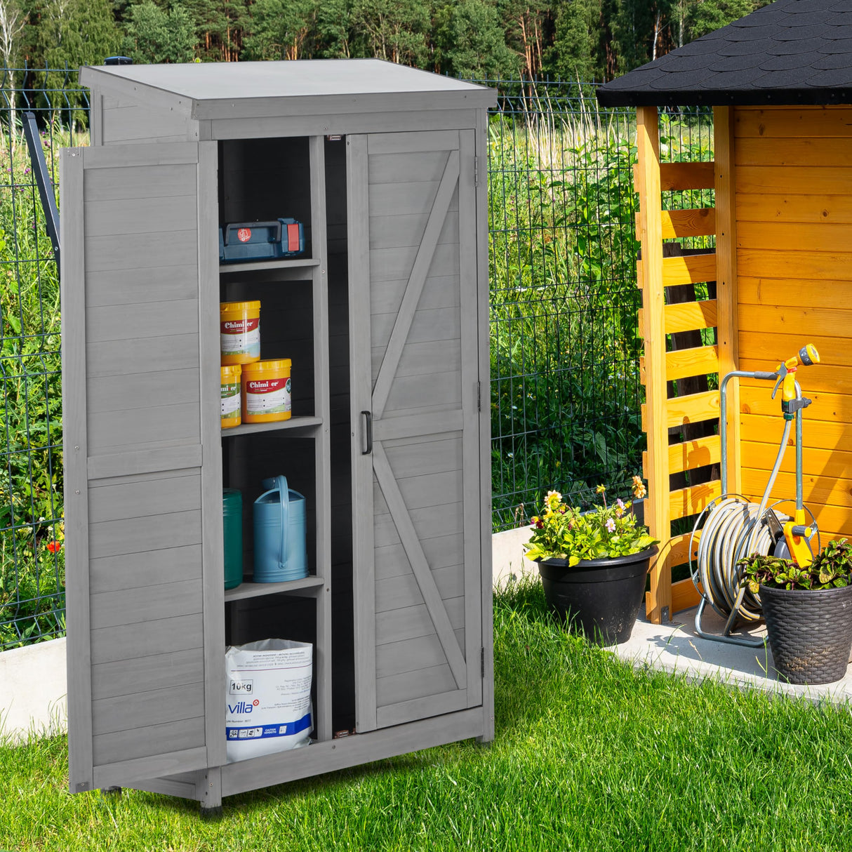 Ball & Cast 68" Garden Shed Tool Shed with Metal Top and Adjustable Protective Footpad,X-Shape Design Outdoor Cedar Wood Storage Cabinet W/Magnetic Door,Tall Shelter for Yard Patio,Gray Ball & Cast