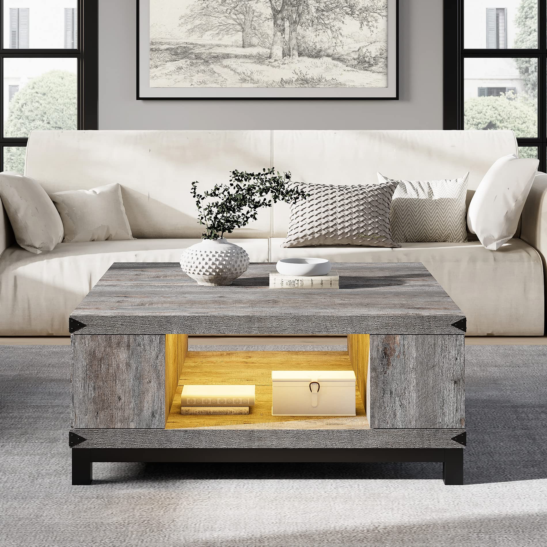 Farmhouse Coffee Table with Storage Drawers, LED Wood Coffee Table for Living Room, Modern Square Tea Table with Double Storage Shelves, Metal Legs, Grey, 44" - WoodArtSupply