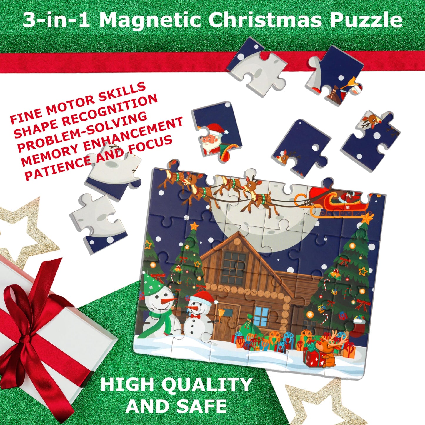 Magnetic Christmas Puzzle Book Gift for Kids 3-in-1 Magnet Jigsaw Car Puzzle Toy for Toddlers 3-5 Years Old Holiday Travel Board Activities for Boys and Girls 4-8