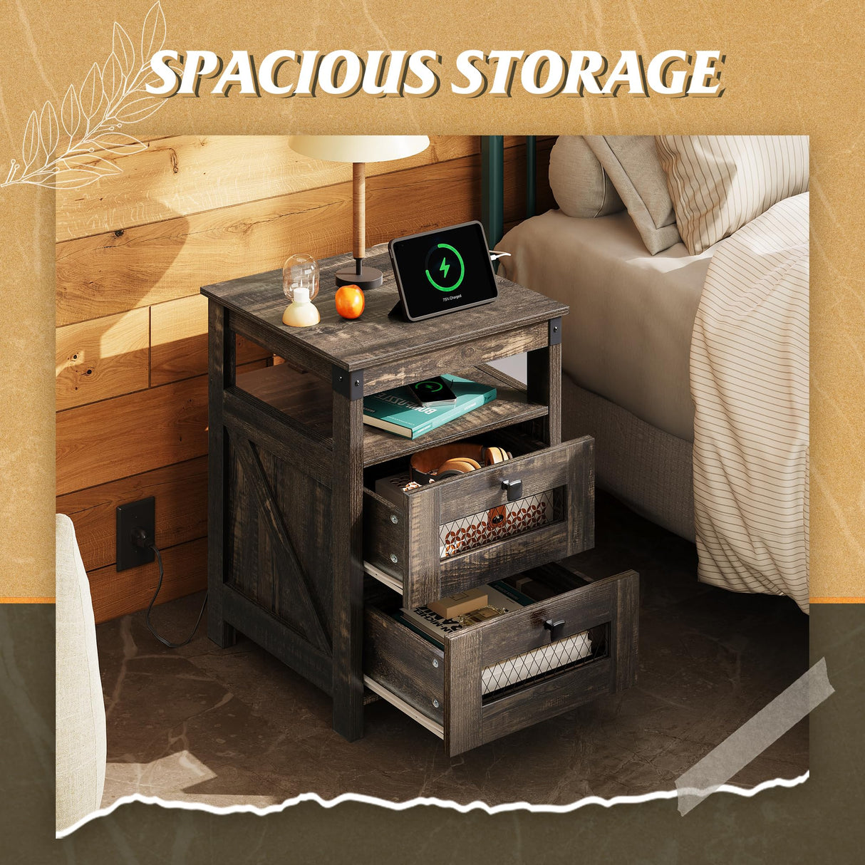 WLIVE Night Stand with Charger Station, End Tables Bedroom, Living Room, Side Table with 2 Wooden Storage Drawers, Farmhouse Nightstand with USB Ports and Outlets, Dark Rustic Oak WLIVE