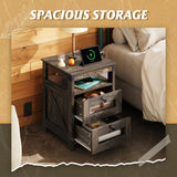 WLIVE Night Stand with Charger Station, End Tables Bedroom, Living Room, Side Table with 2 Wooden Storage Drawers, Farmhouse Nightstand with USB Ports and Outlets, Dark Rustic Oak WLIVE