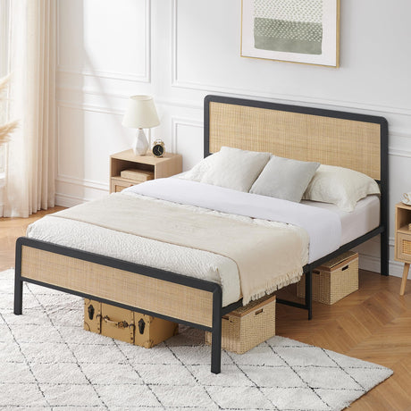 Alkmaar Queen Size Metal Bed Frame with Rattan Headboard and Footboard, Platform Bed Frame with Safe Rounded Corners, Under Bed Storage, Strong Metal Slat Support, No Box Spring Needed Alkmaar