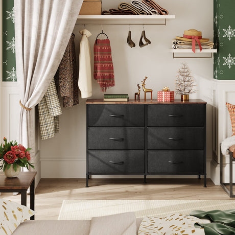 WLIVE Wide Dresser with 6 Drawers, TV Stand for 50" TV, Entertainment Center with Metal Frame, Wooden Top, Fabric Storage Dresser for Bedroom, Hallway, Entryway, Black and Rustic Brown WLIVE