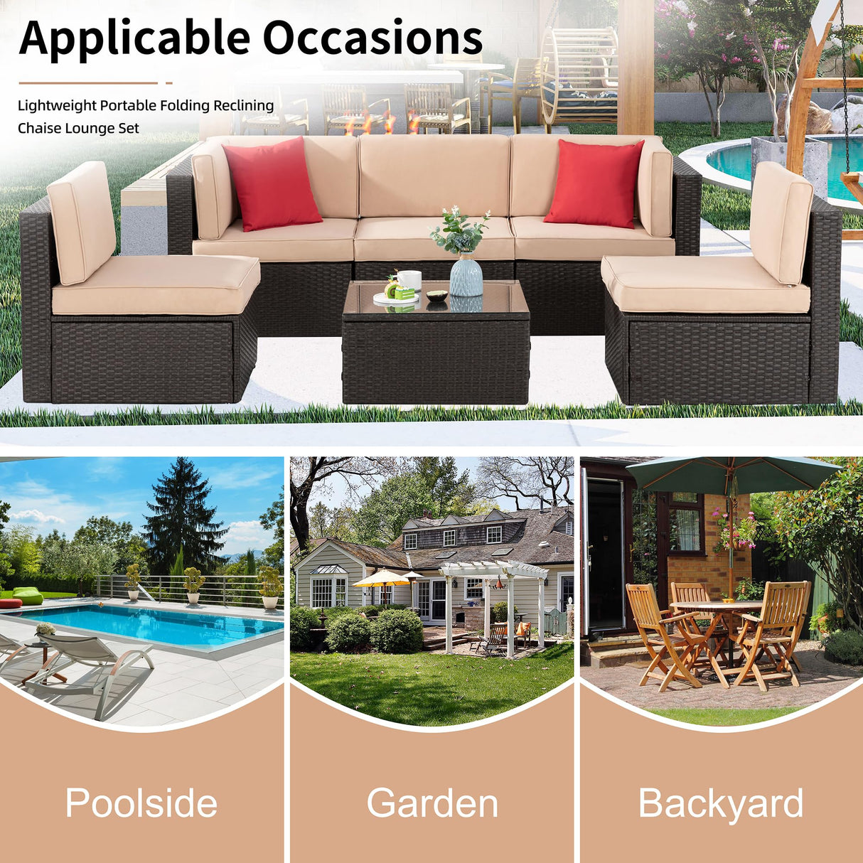 Shintenchi 6 Pieces Patio Furniture Sets Outdoor All-Weather Sectional Patio Sofa Set PE Rattan Manual Weaving Wicker Patio Conversation Set with Glass Table&Ottoman Cushion and Red Pillows, Beige Shintenchi