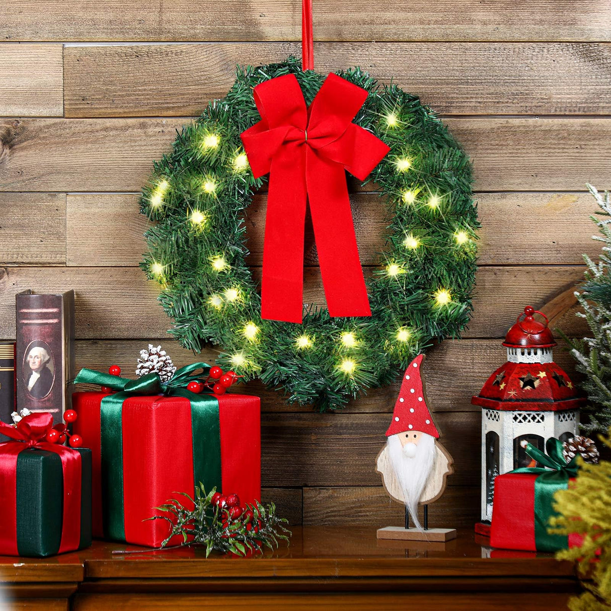 Yuxung 6 Pcs 14 Inch Pre Lit Christmas Wreath with Lights Mini Artificial LED Christmas Front Door Wreath with Red Bow for Xmas Holiday Party Decorations Table Fireplaces Porch Wall Ornament Yuxung