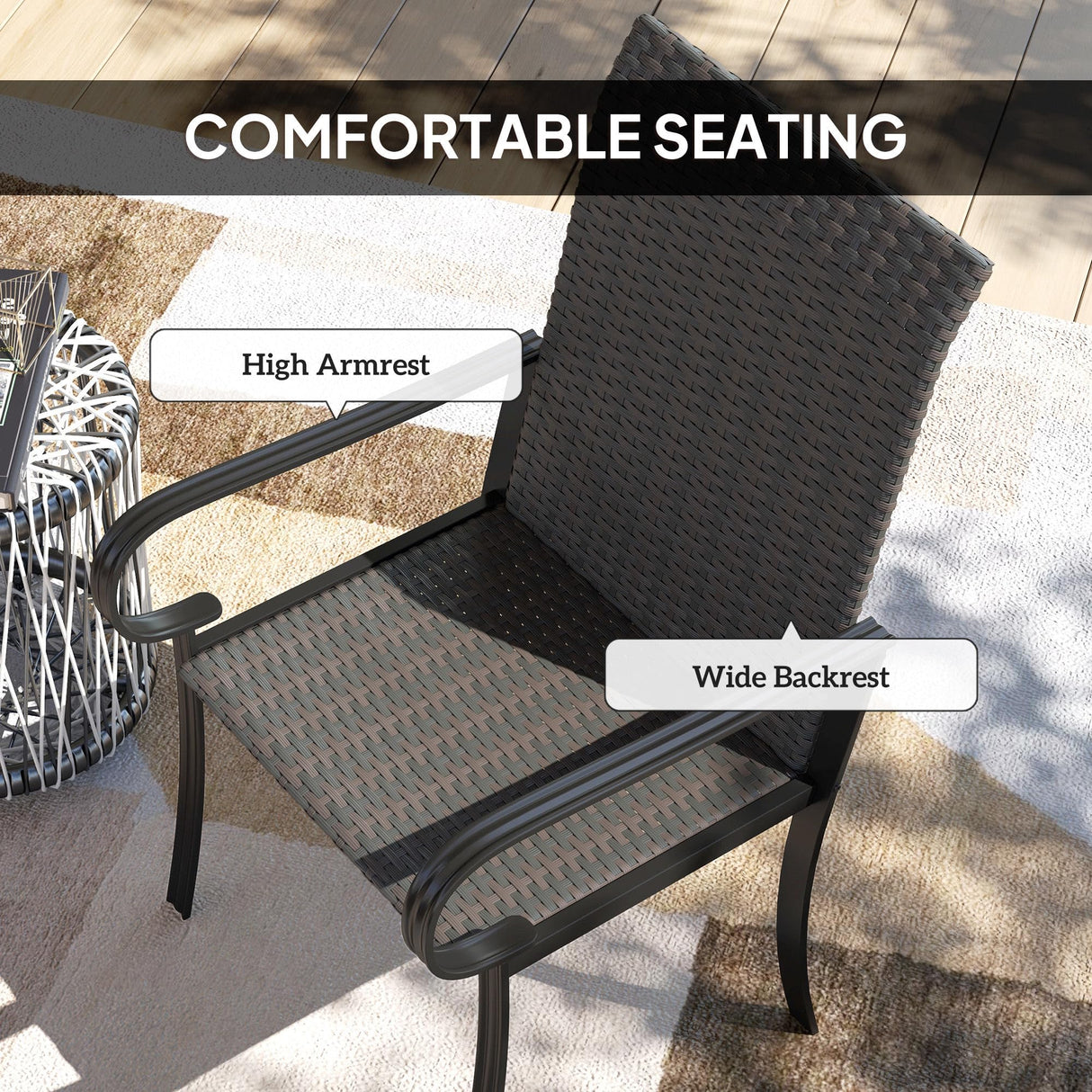 Outsunny Set of 2 Outdoor Wicker Dining Chairs, All-Weather Rattan Armchairs with Armrests, Steel Frame, High Back and Deep Seating, for Garden, Patio, Deck, Yard, Poolside, Brown Outsunny