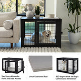 Furniture-Style Dog Crate - Acacia Wood Kennel for Medium Dogs with Double Doors and Cushion - Dog Cage Furniture by PETMAKER (Black) PETMAKER