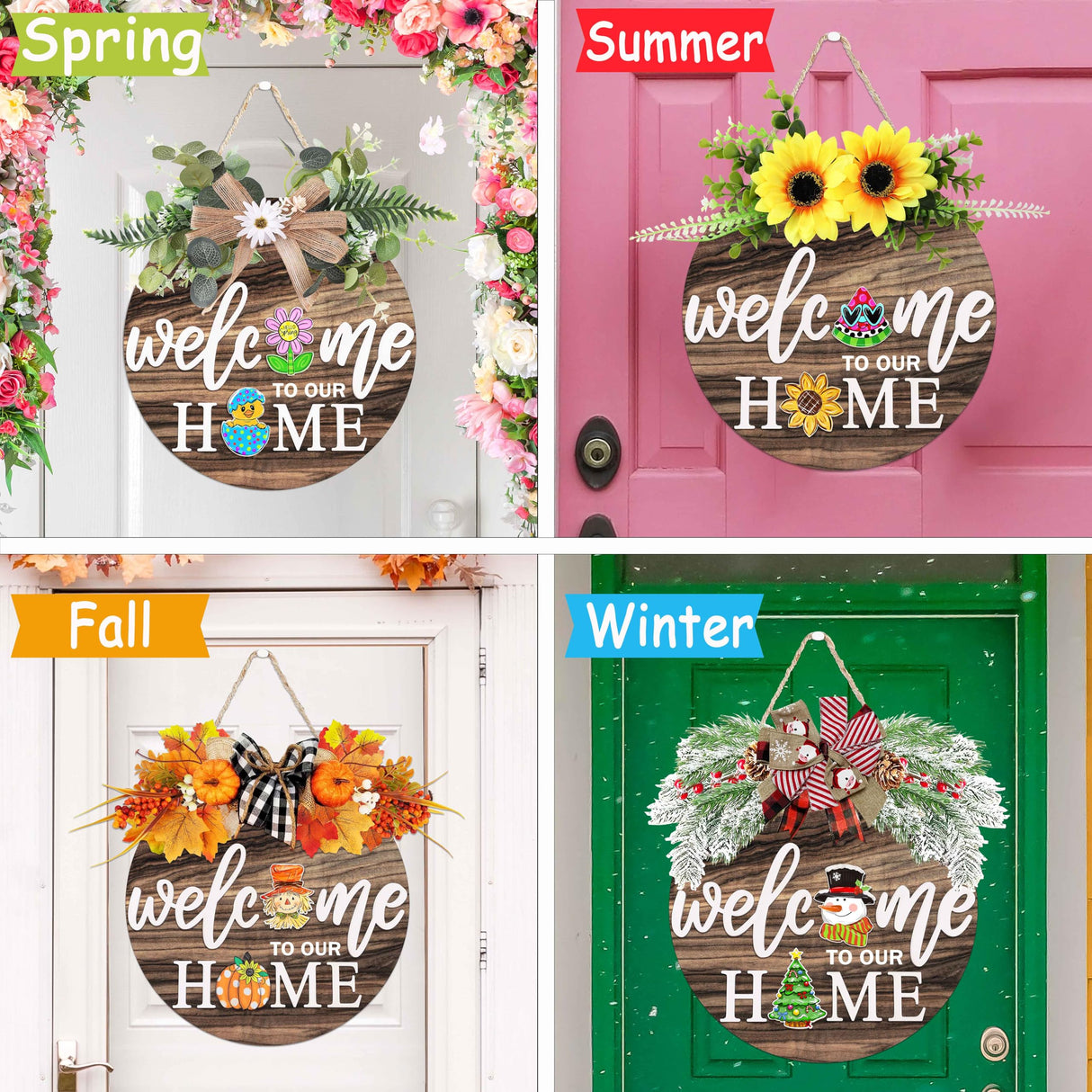 Interchangeable Welcome Sign for Front Door with 4 Seasonal Wreaths and 21 Changeable Icons, Farmhouse Rustic Outdoor Welcome Signs Porch, Holiday Spring Summer Winter Fall Decorations for Home Gifts OWUH