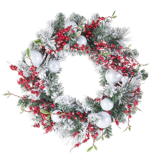 National Tree Company Artificial Christmas Wreath, Green, Evergreen, Decorated with Frosted Branches, Ball Ornaments, Berry Clusters, Christmas Collection, 24 Inches