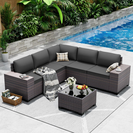 ASJMR Outdoor Patio Furniture Set, 6 Pieces Outdoor Sectional Furniture High Backrest Patio Sofa, All-Weather PE Rattan Patio Conversation Set with Coffee Table & Cushions-Black ASJMR