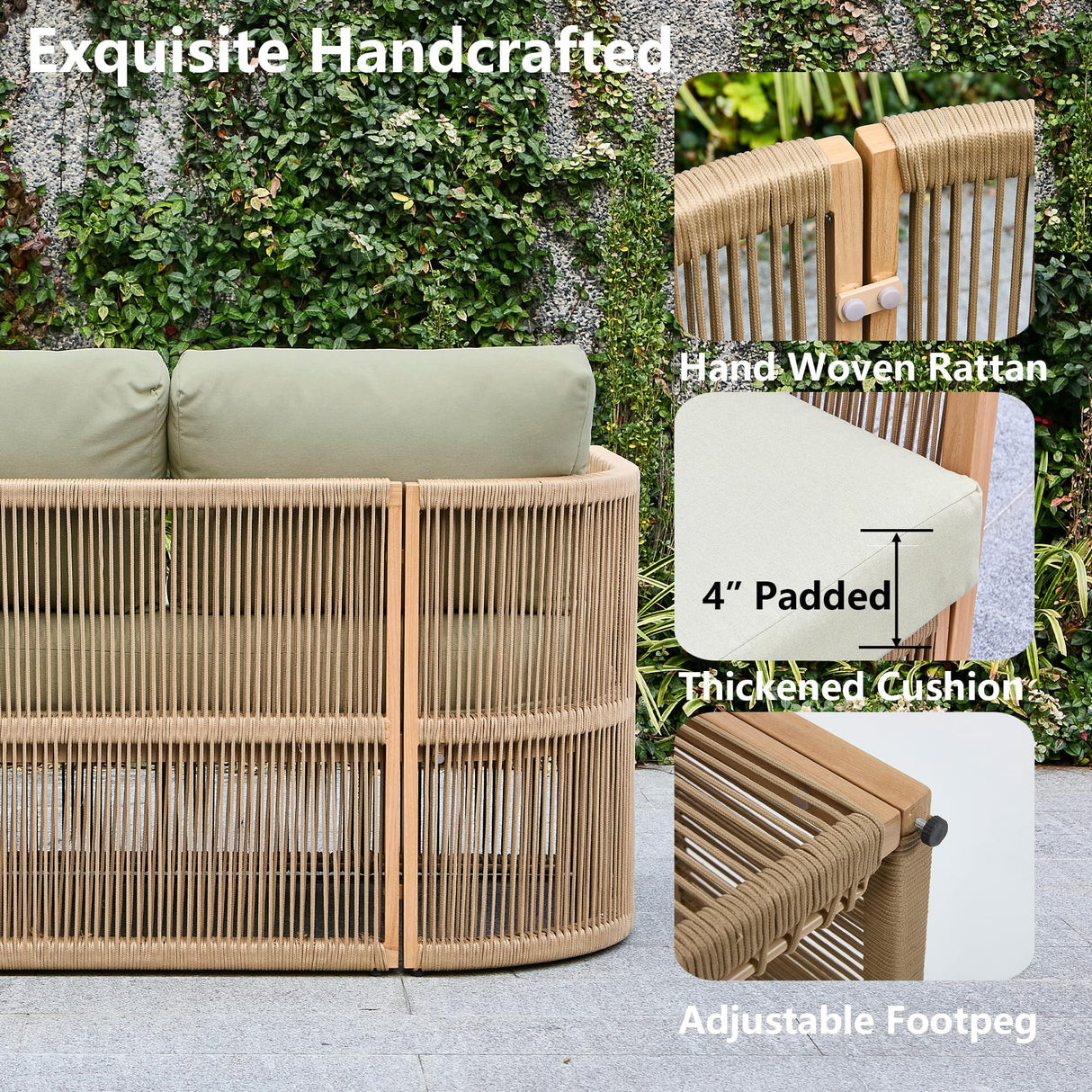 DAYARUS 4 Piece Patio Furniture Set, Aluminum Patio Conversation Set, Rope Rattan Patio Sectional Sofa, All Weather Outdoor Sofa Couch with Coffee Table and Cushions for Lawn/Backyard/Deck, Green DAYARUS